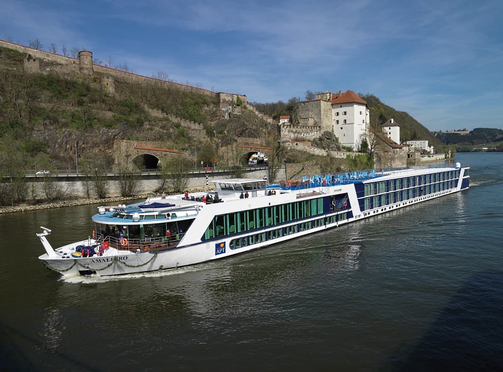 River cruise vessel underway on a European waterway